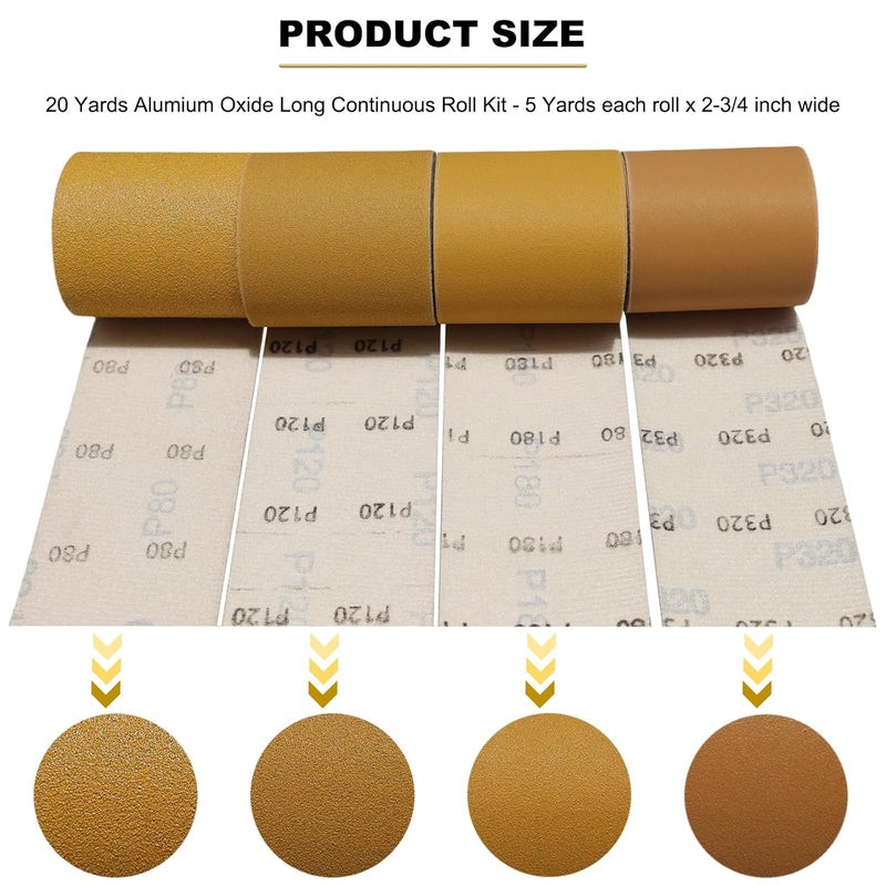 SACKORANGE Total 20 Yards 2-3/4" Wide Continuous Sandpaper Roll Kit - 80 120 180 320 Grit Hook & Loop Backing Longboard Sanding Paper for Automotive, Woodworking Air File Long Board Sanders - Image 2